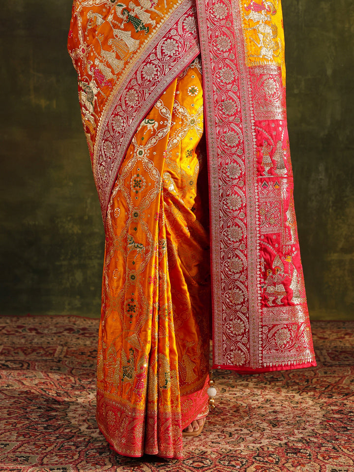 Libas Art Mustard Gharchola Woven Design Satin Saree With Unstitched Blouse Piece