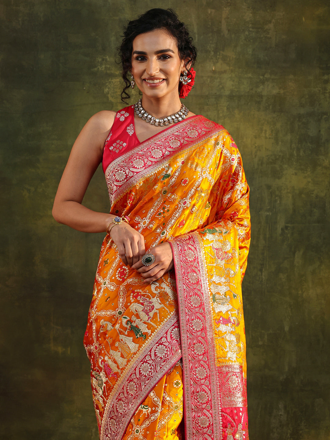 Libas Art Mustard Gharchola Woven Design Satin Saree With Unstitched Blouse Piece