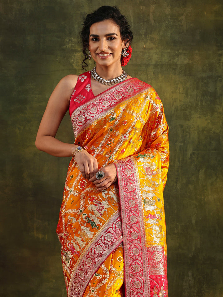 Libas Art Mustard Gharchola Woven Design Satin Saree With Unstitched Blouse Piece