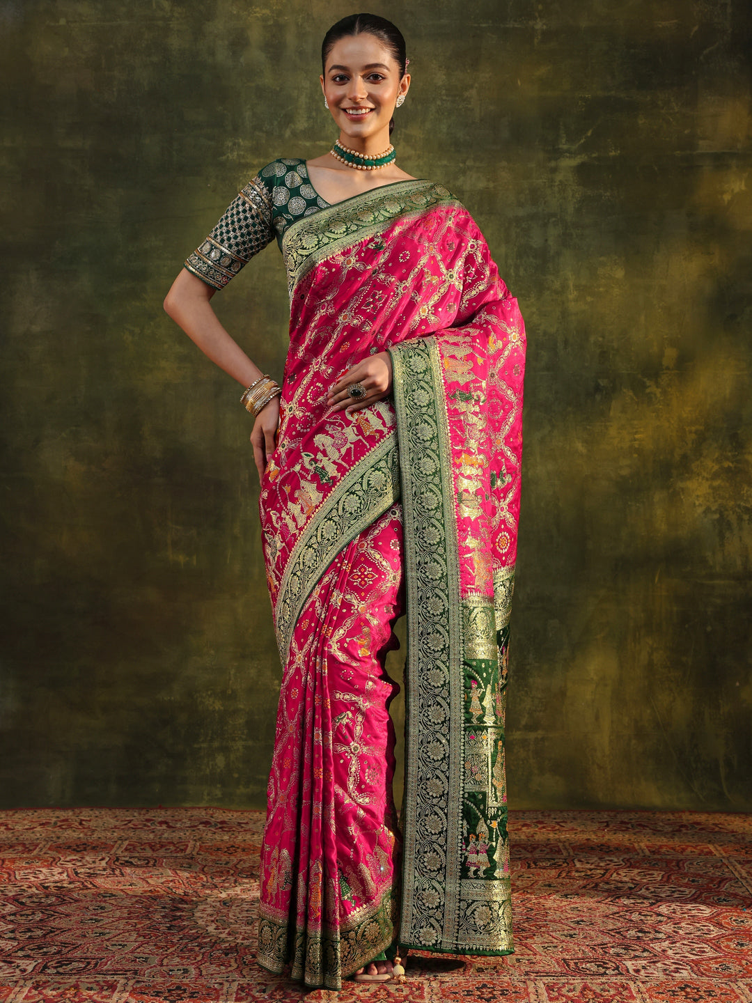 Libas Art Pink Gharchola Woven Design Satin Saree With Unstitched Blouse Piece