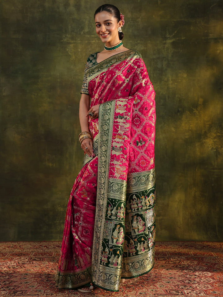 Libas Art Pink Gharchola Woven Design Satin Saree With Unstitched Blouse Piece