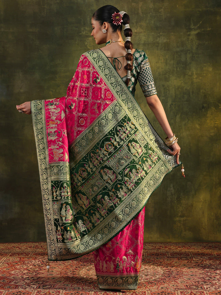 Libas Art Pink Gharchola Woven Design Satin Saree With Unstitched Blouse Piece
