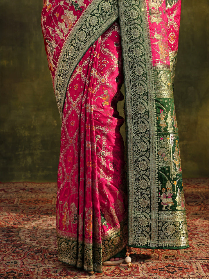 Libas Art Pink Gharchola Woven Design Satin Saree With Unstitched Blouse Piece