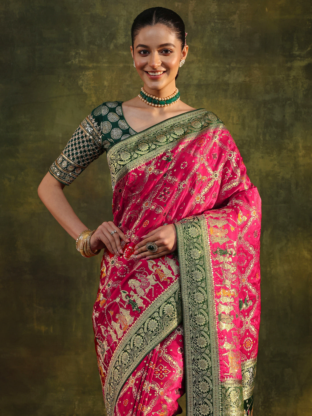 Libas Art Pink Gharchola Woven Design Satin Saree With Unstitched Blouse Piece