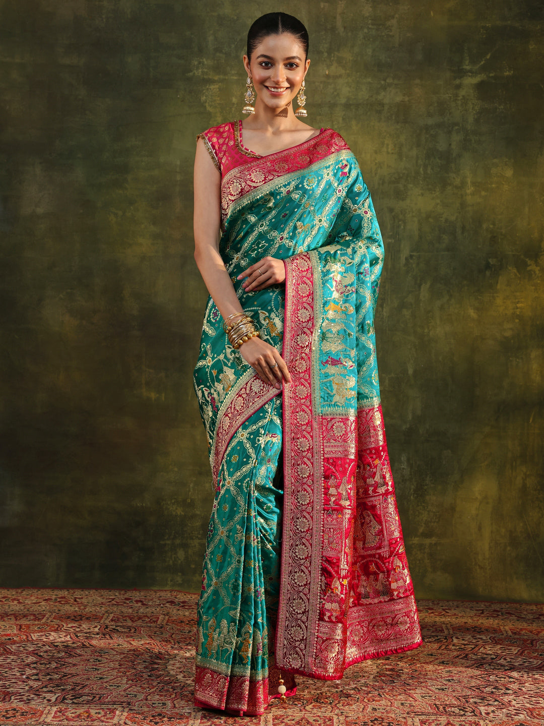 Libas Art Blue Gharchola Woven Design Satin Saree With Unstitched Blouse Piece