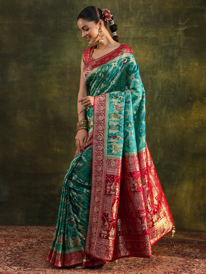Libas Art Blue Gharchola Woven Design Satin Saree With Unstitched Blouse Piece