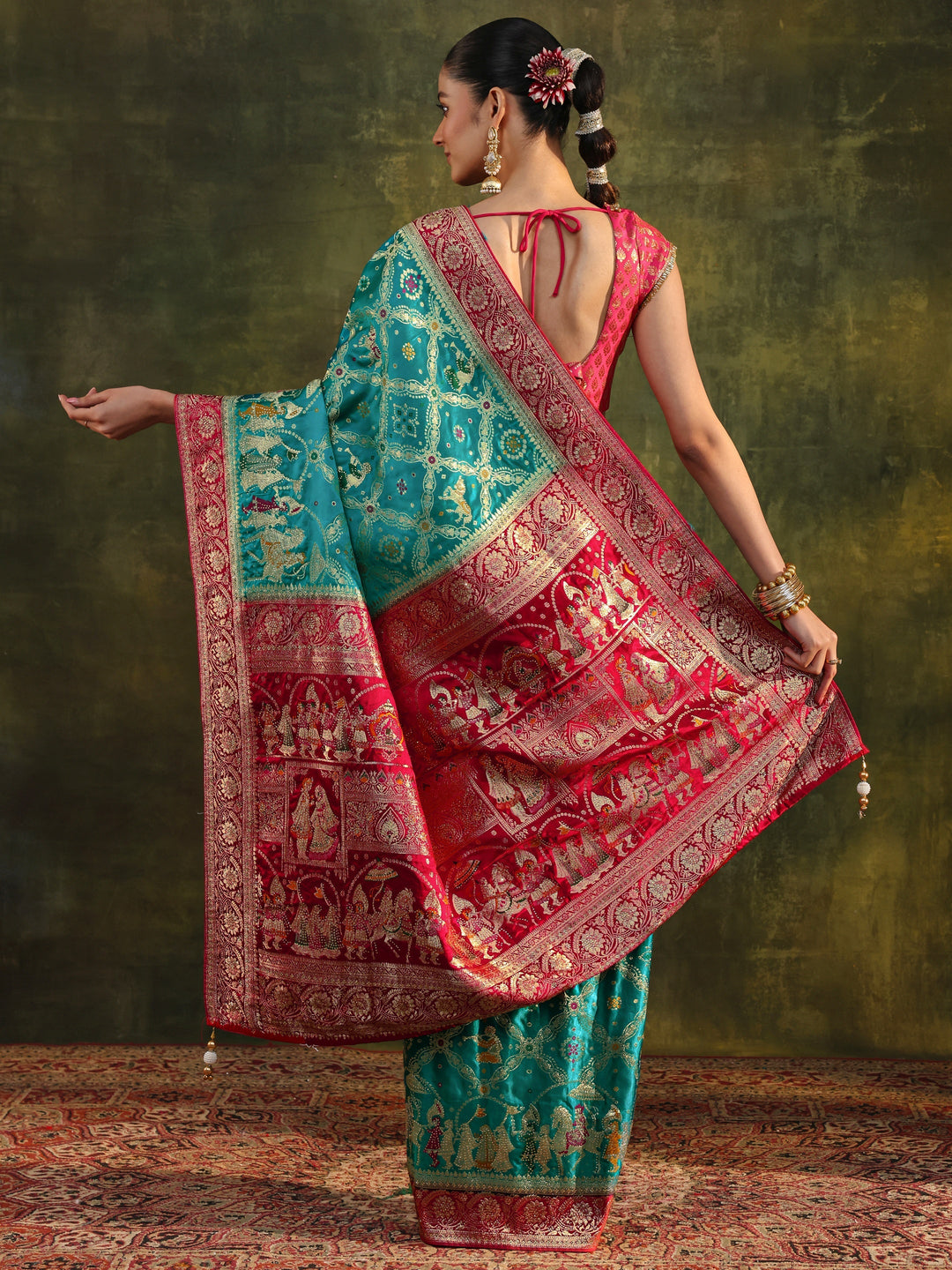 Libas Art Blue Gharchola Woven Design Satin Saree With Unstitched Blouse Piece
