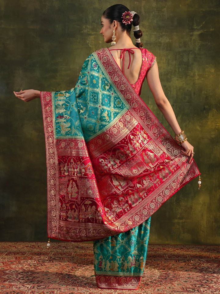 Libas Art Blue Gharchola Woven Design Satin Saree With Unstitched Blouse Piece