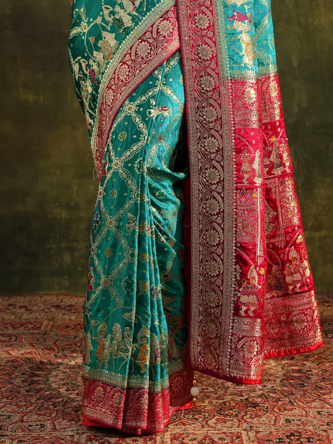 Libas Art Blue Gharchola Woven Design Satin Saree With Unstitched Blouse Piece