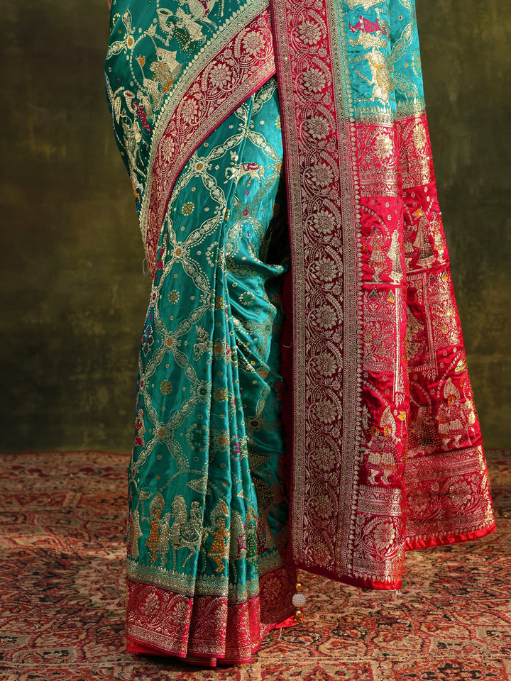 Libas Art Blue Gharchola Woven Design Satin Saree With Unstitched Blouse Piece