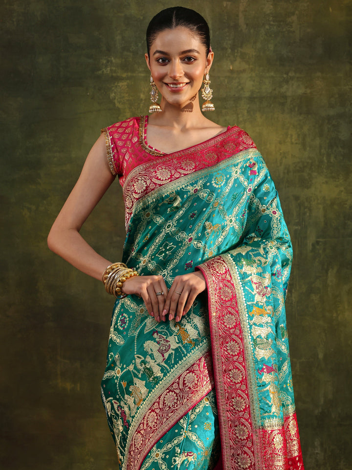 Libas Art Blue Gharchola Woven Design Satin Saree With Unstitched Blouse Piece