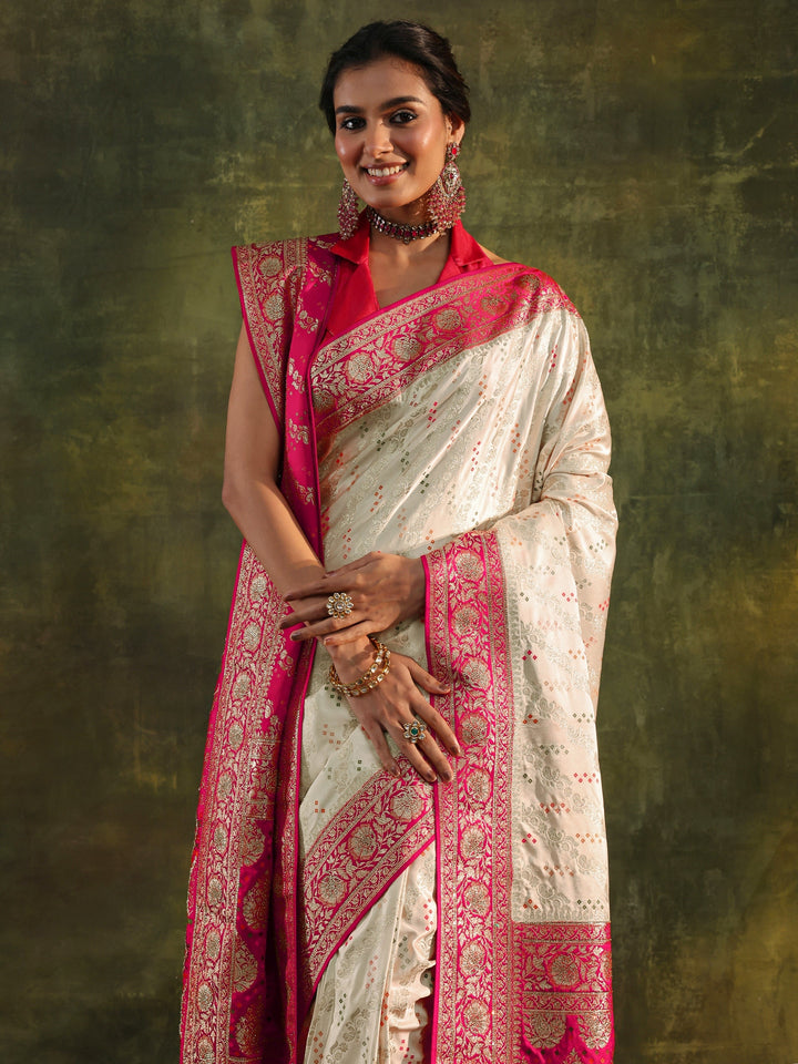 Libas Art Ivory Gharchola Satin Saree With Unstitched Blouse Piece