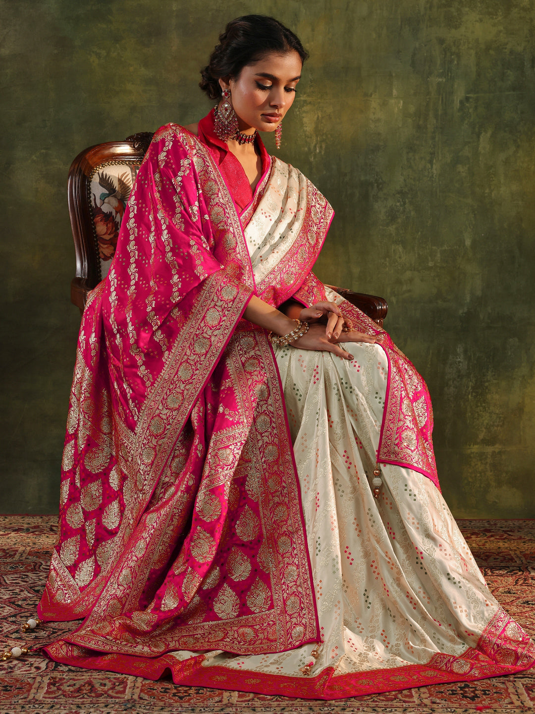 Libas Art Ivory Gharchola Satin Saree With Unstitched Blouse Piece