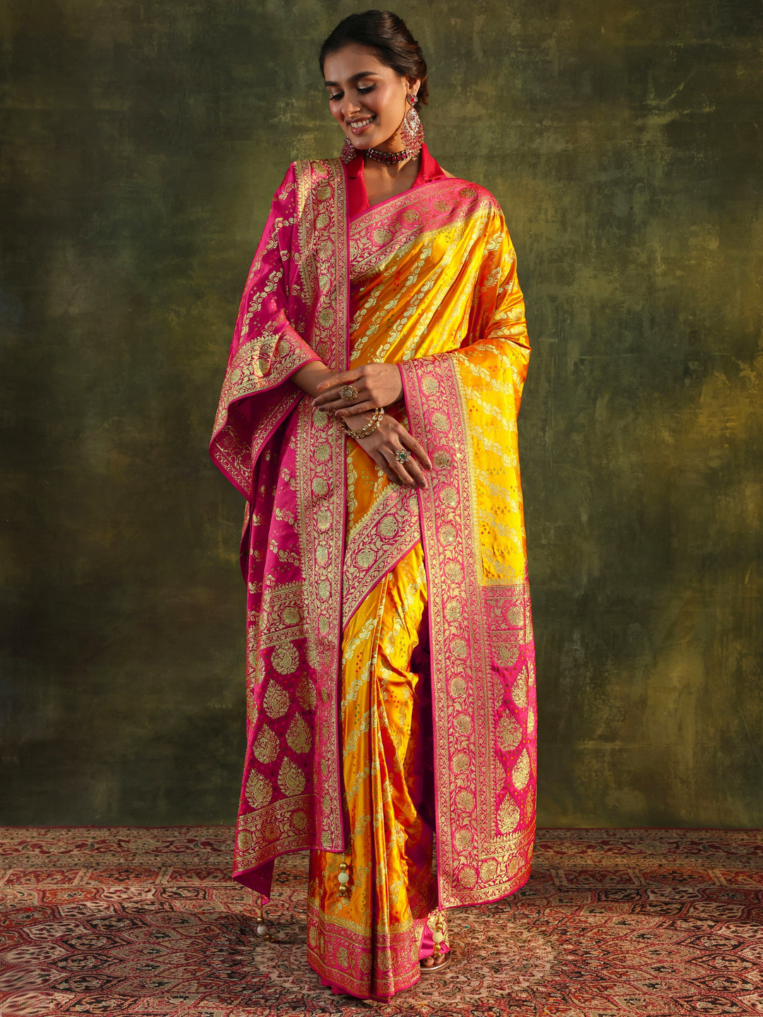 Libas Art Mustard Gharchola Satin Saree With Unstitched Blouse Piece
