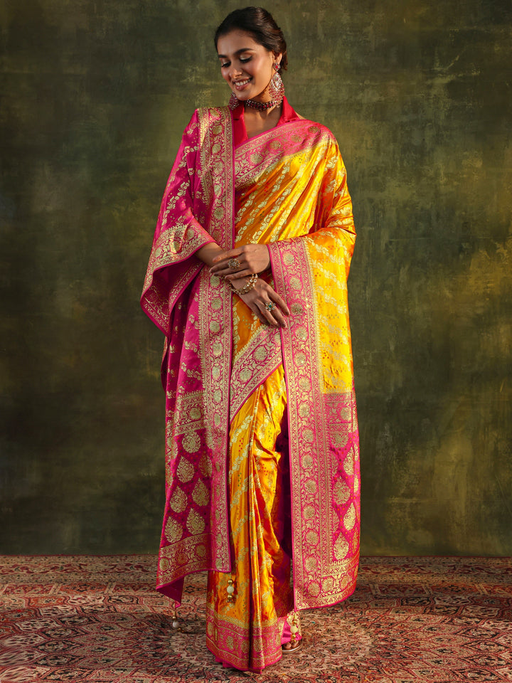 Libas Art Mustard Gharchola Satin Saree With Unstitched Blouse Piece