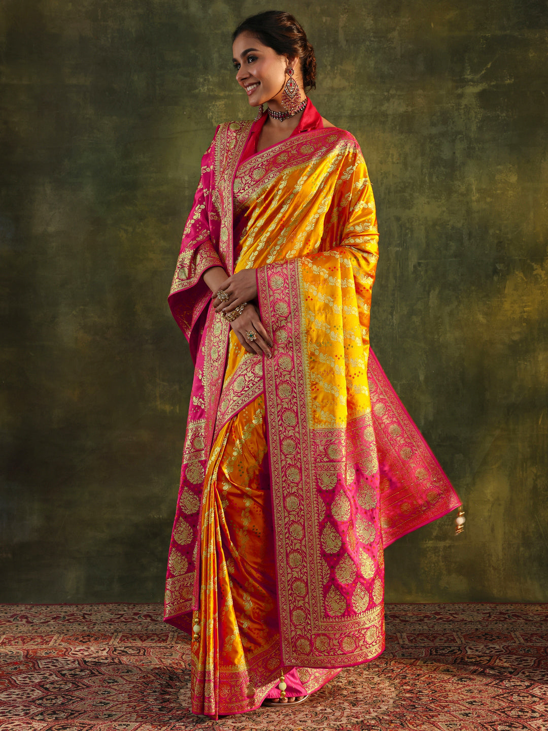 Libas Art Mustard Gharchola Satin Saree With Unstitched Blouse Piece
