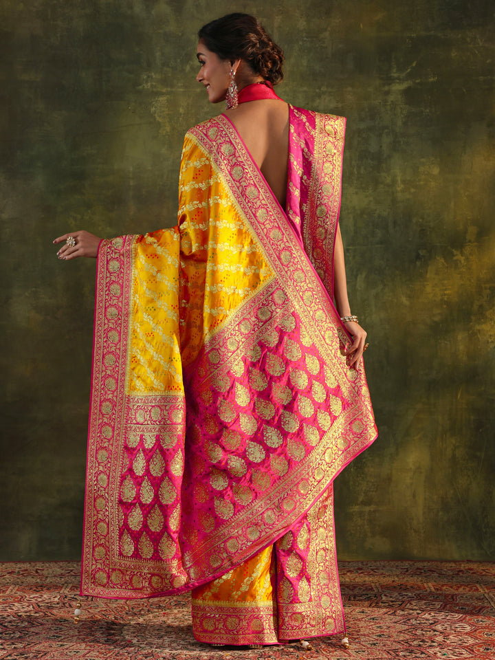 Libas Art Mustard Gharchola Satin Saree With Unstitched Blouse Piece