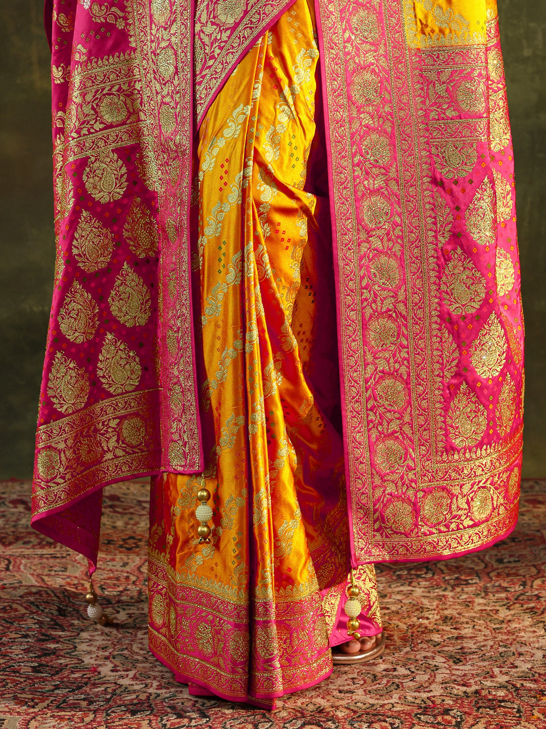 Libas Art Mustard Gharchola Satin Saree With Unstitched Blouse Piece