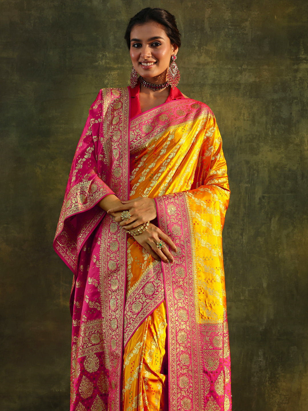 Libas Art Mustard Gharchola Satin Saree With Unstitched Blouse Piece