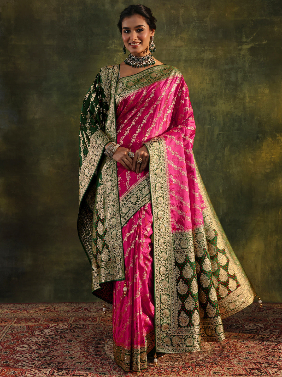 Libas Art Pink Gharchola Satin Saree With Unstitched Blouse Piece