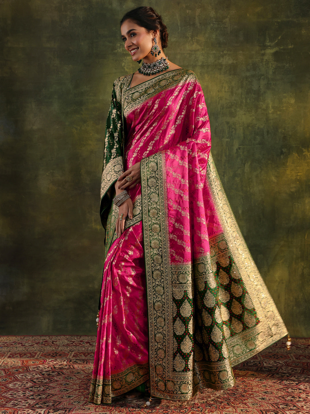 Libas Art Pink Gharchola Satin Saree With Unstitched Blouse Piece