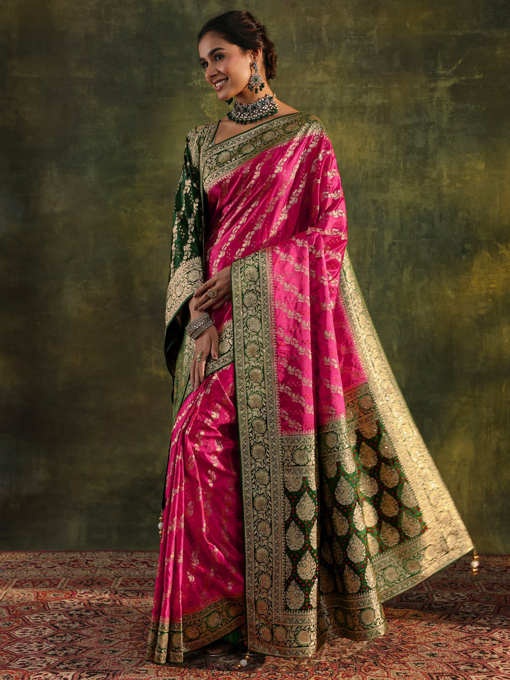 Libas Art Pink Gharchola Satin Saree With Unstitched Blouse Piece