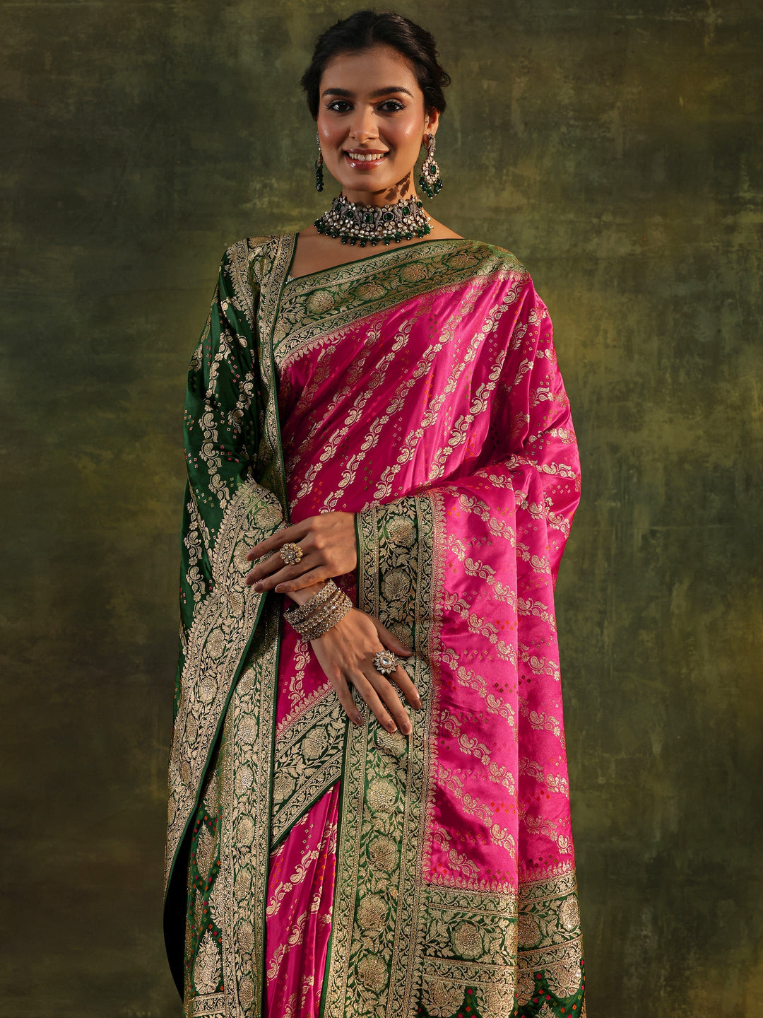 Libas Art Pink Gharchola Satin Saree With Unstitched Blouse Piece