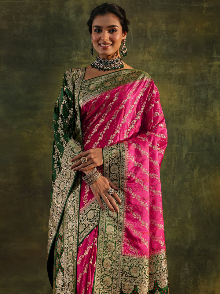 Libas Art Pink Gharchola Satin Saree With Unstitched Blouse Piece