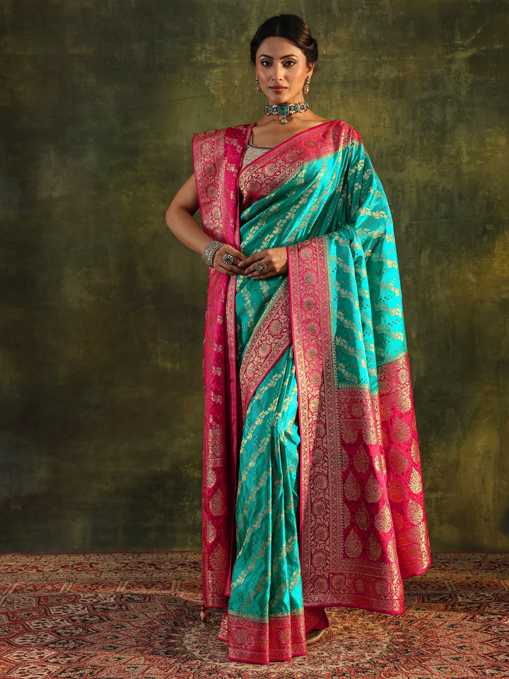 Libas Art Blue Banarasi Satin Saree With Unstitched Blouse Piece
