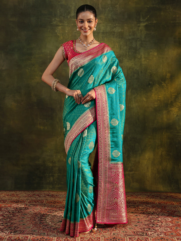 Libas Art Blue Woven Design Silk Blend Banarasi Saree With Unstitched Blouse Piece