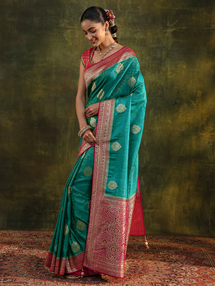 Libas Art Blue Woven Design Silk Blend Banarasi Saree With Unstitched Blouse Piece