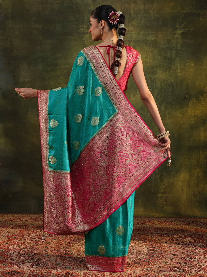 Libas Art Blue Woven Design Silk Blend Banarasi Saree With Unstitched Blouse Piece