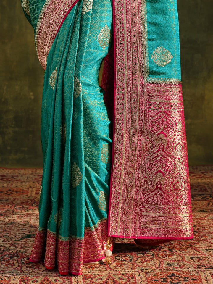 Libas Art Blue Woven Design Silk Blend Banarasi Saree With Unstitched Blouse Piece