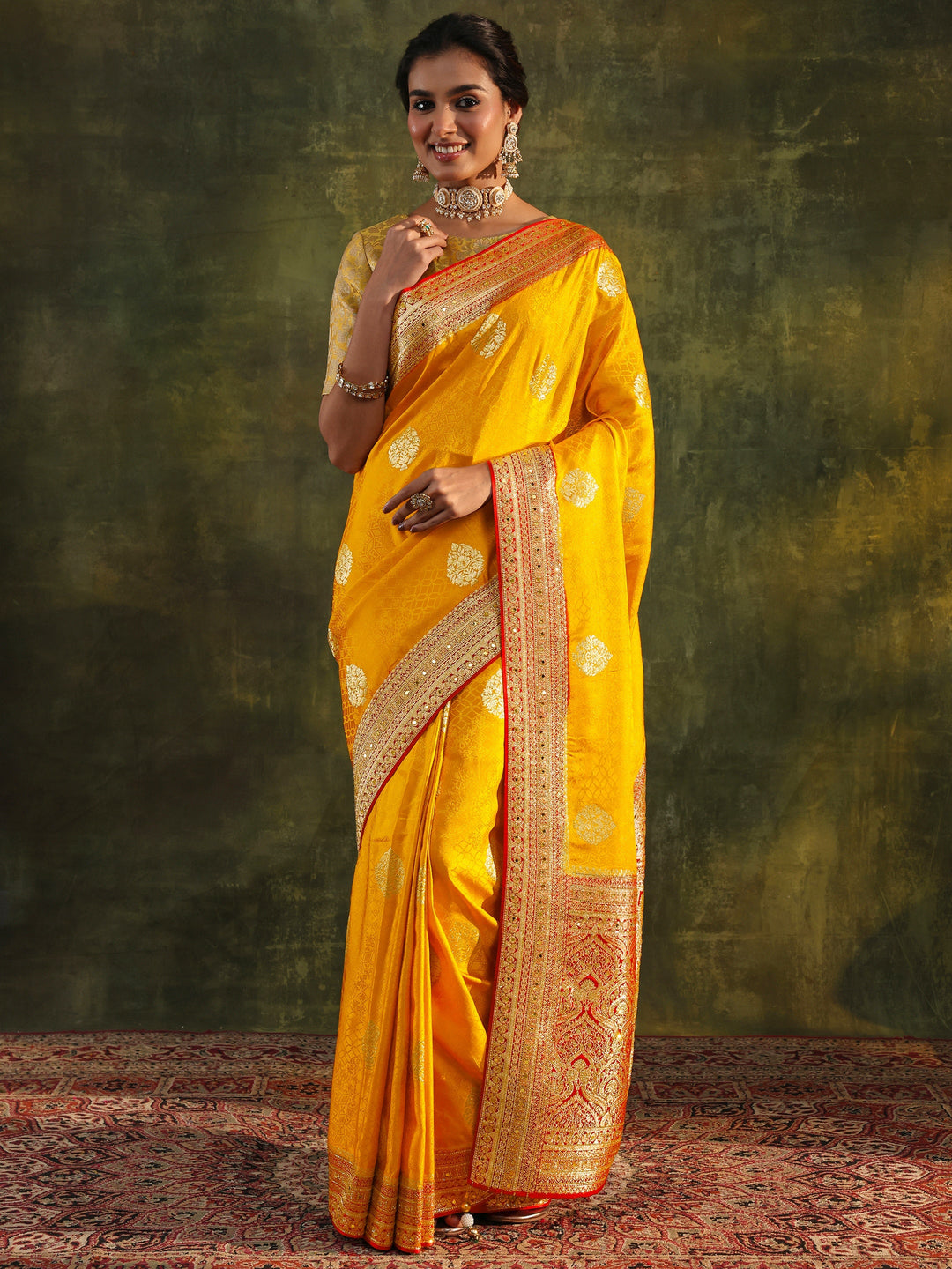 Libas Art Mustard Embellished  Silk Blend Saree With Unstitched Blouse Piece