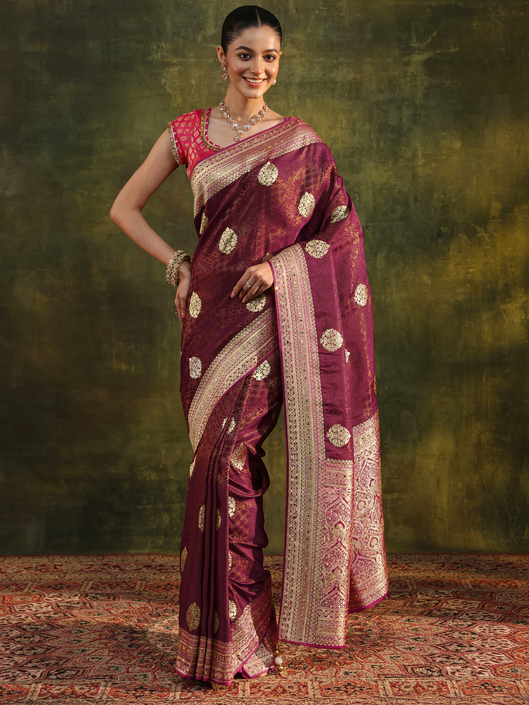Libas Art Maroon Woven Design Silk Blend Banarasi Saree With Unstitched Blouse Piece