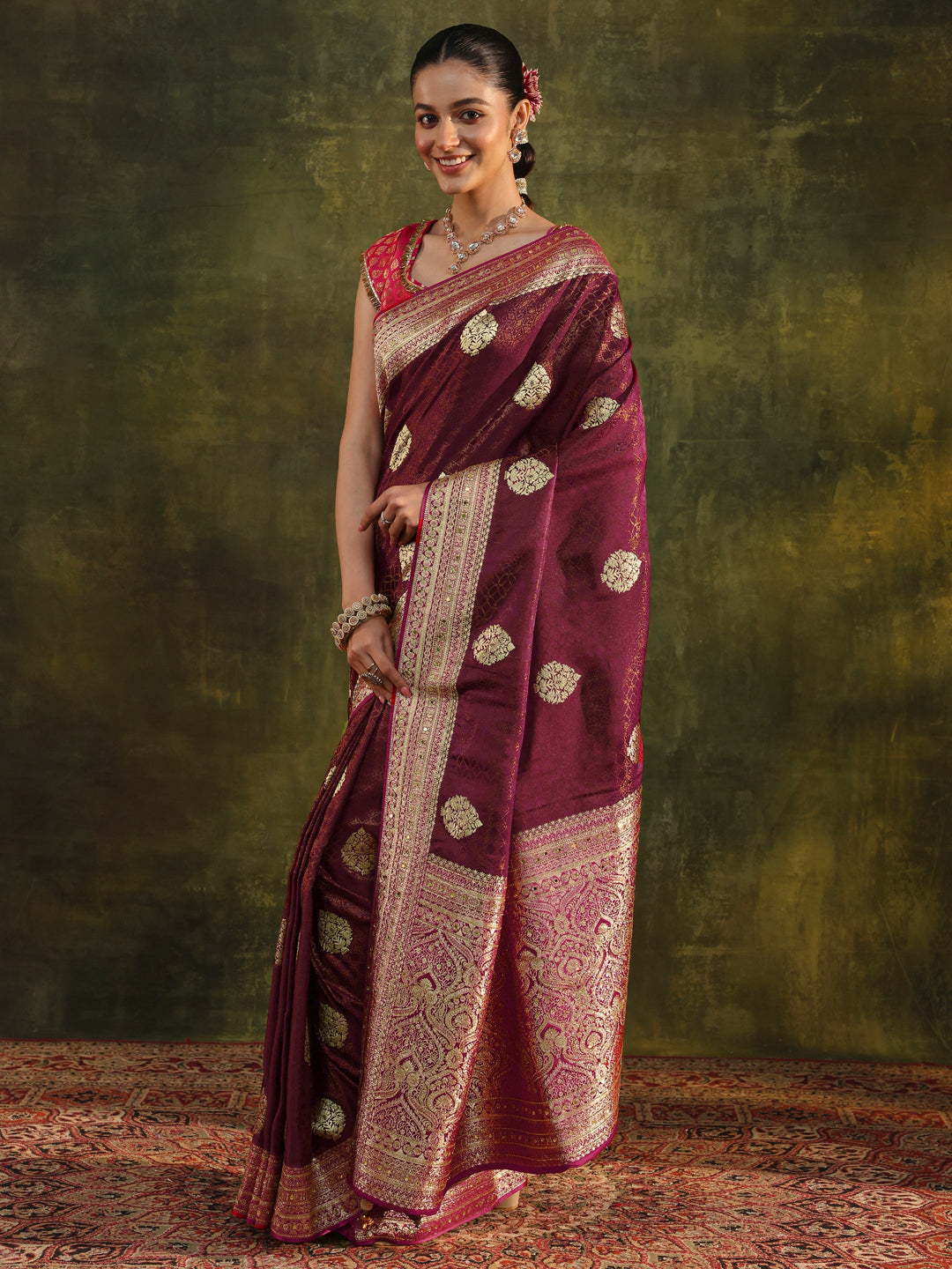 Libas Art Maroon Woven Design Silk Blend Banarasi Saree With Unstitched Blouse Piece