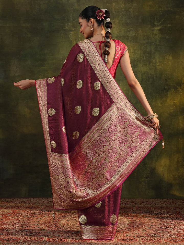 Libas Art Maroon Woven Design Silk Blend Banarasi Saree With Unstitched Blouse Piece