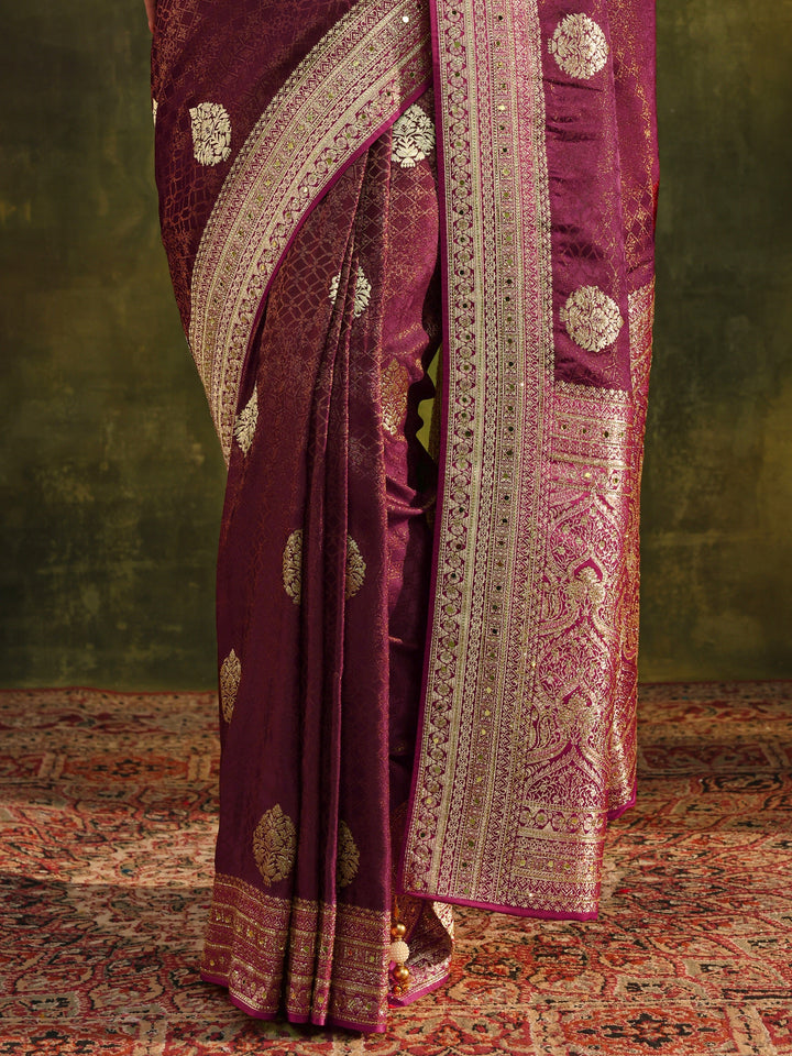 Libas Art Maroon Woven Design Silk Blend Banarasi Saree With Unstitched Blouse Piece