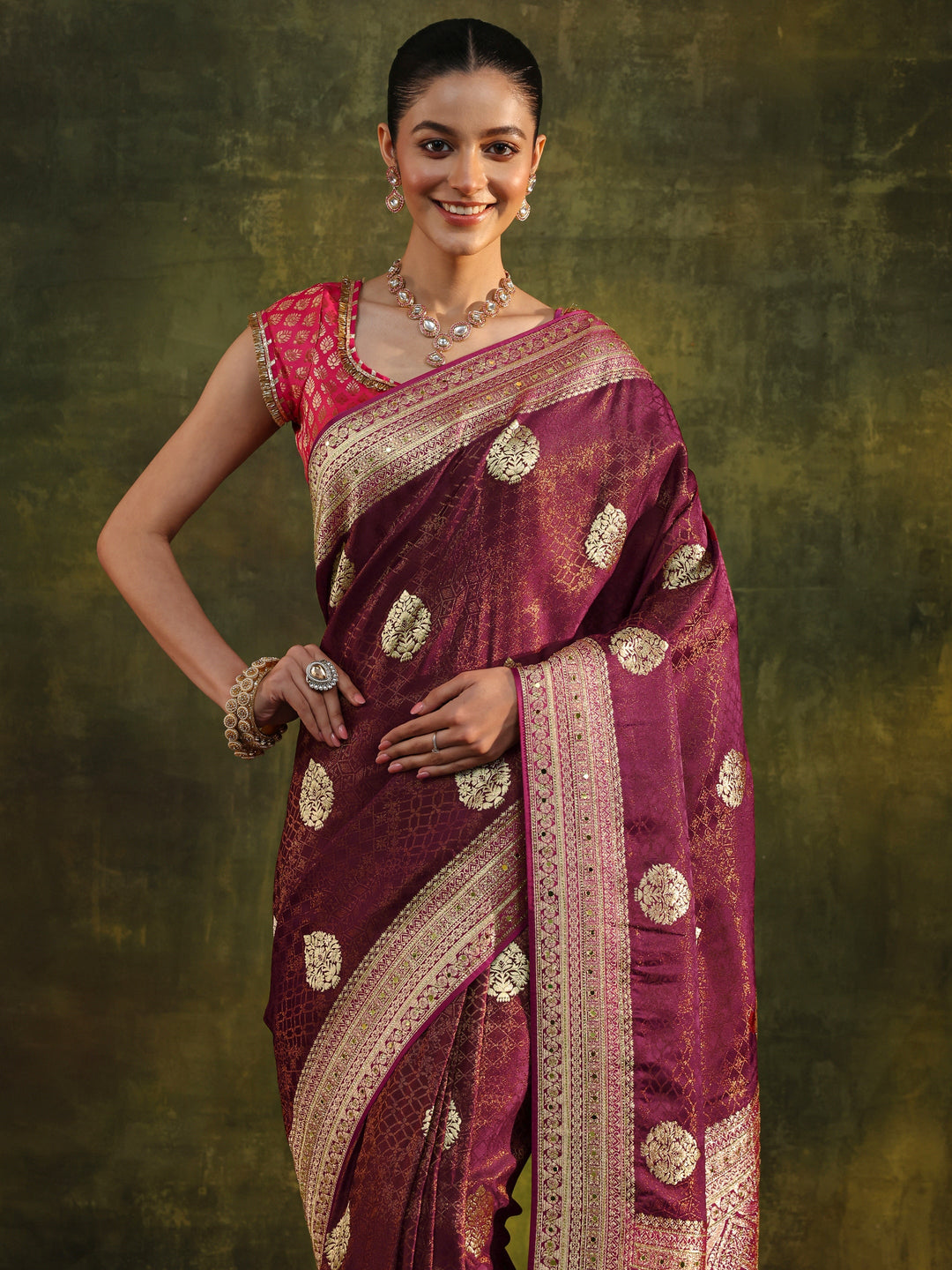 Libas Art Maroon Woven Design Silk Blend Banarasi Saree With Unstitched Blouse Piece