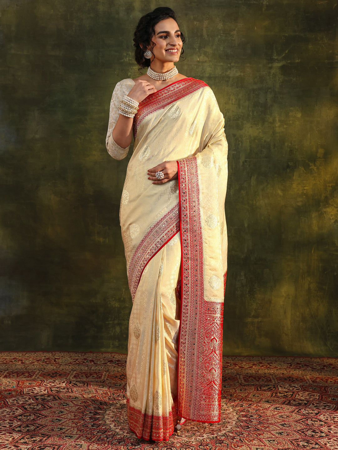 Libas Art Ivory Ethnic Woven Design Silk Blend Saree With Unstitched Blouse Piece