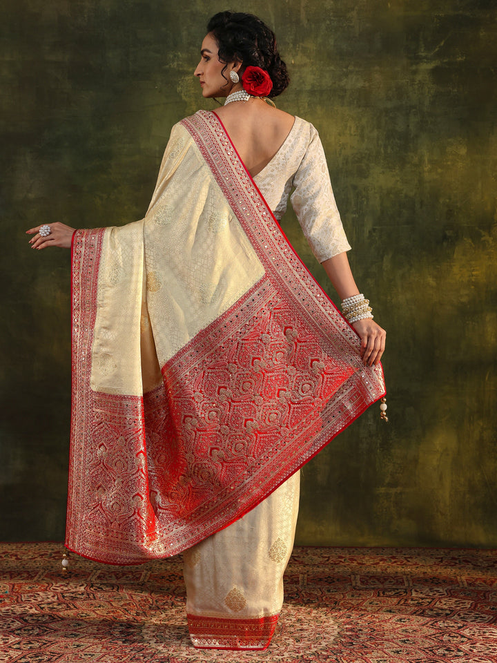 Libas Art Ivory Ethnic Woven Design Silk Blend Saree With Unstitched Blouse Piece