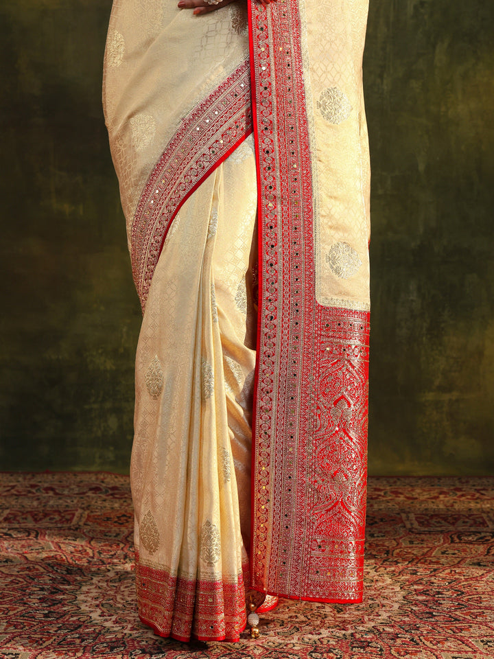 Libas Art Ivory Ethnic Woven Design Silk Blend Saree With Unstitched Blouse Piece
