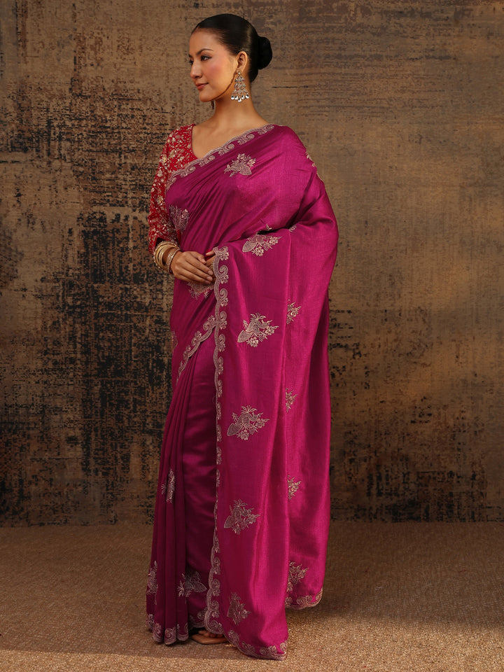 Pink Floral Embroidered Silk Blend Saree With Unstitched Blouse Piece