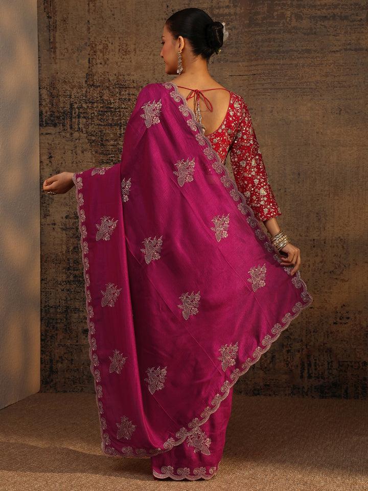 Pink Floral Embroidered Silk Blend Saree With Unstitched Blouse Piece