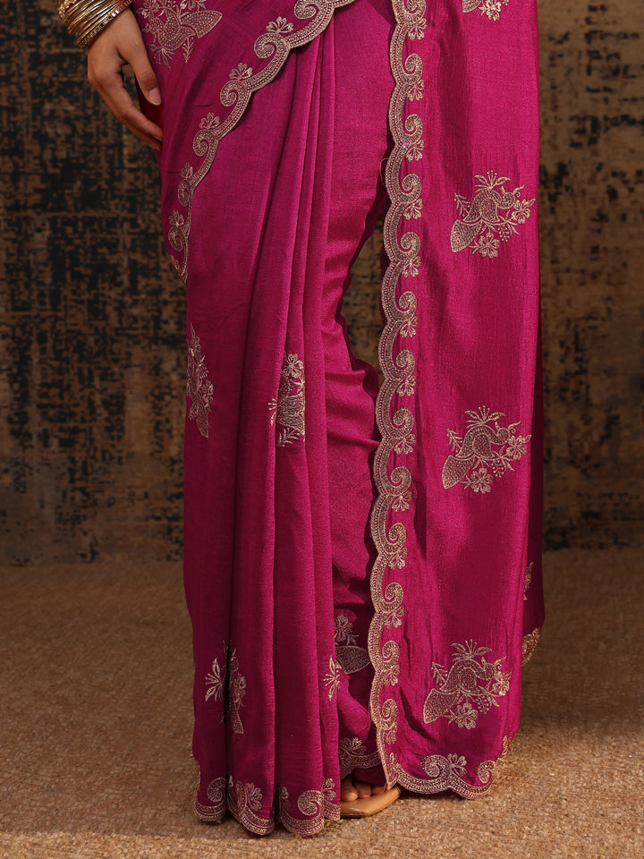 Pink Floral Embroidered Silk Blend Saree With Unstitched Blouse Piece