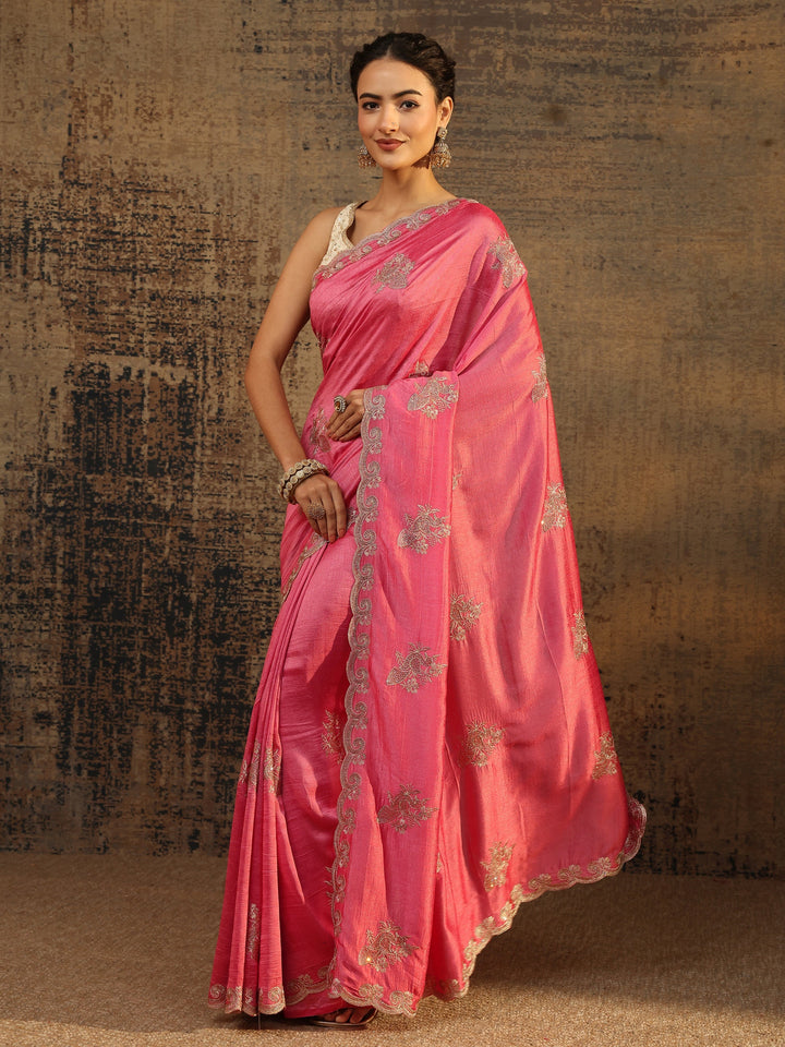 Coral Floral Embroidered Silk Blend Saree With Unstitched Blouse Piece