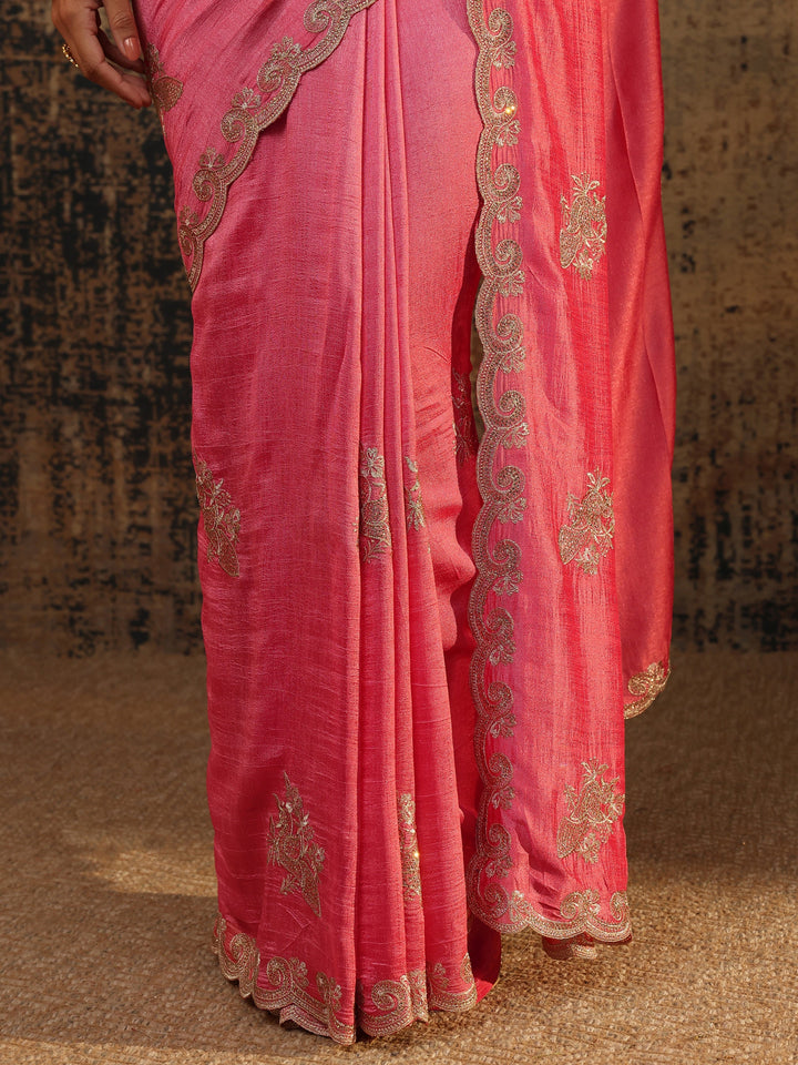 Coral Floral Embroidered Silk Blend Saree With Unstitched Blouse Piece