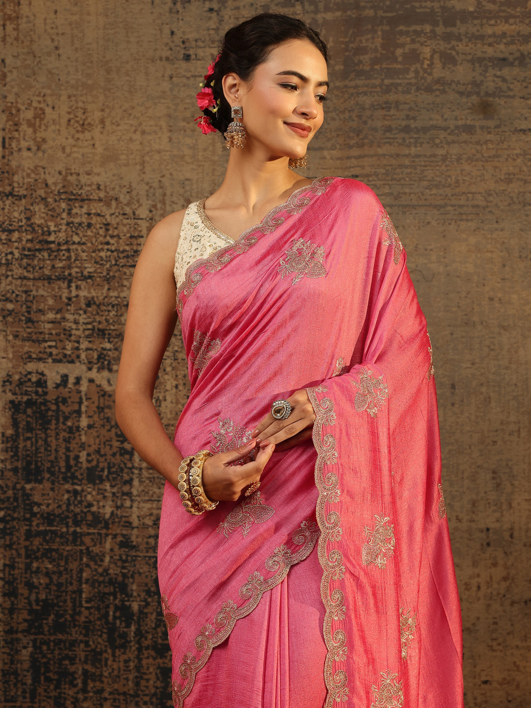 Coral Floral Embroidered Silk Blend Saree With Unstitched Blouse Piece