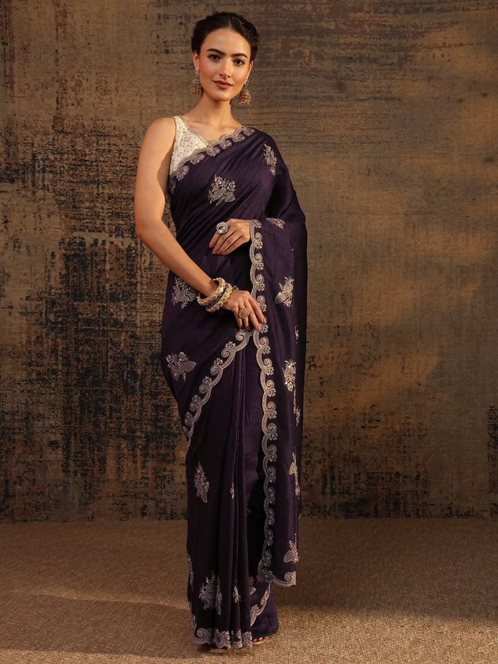 Purple Floral Embroidered Silk Blend Saree With Unstitched Blouse Piece