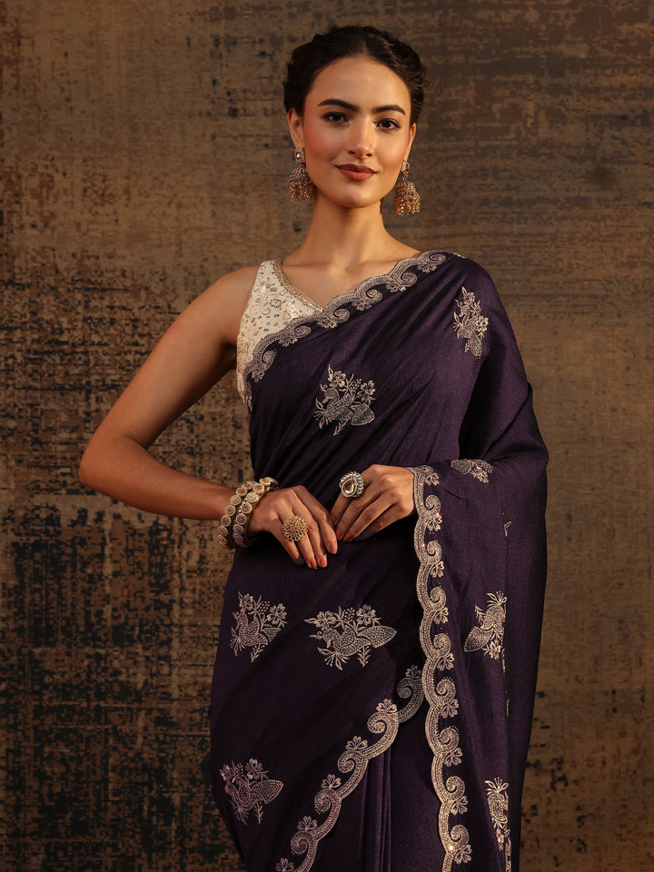 Purple Floral Embroidered Silk Blend Saree With Unstitched Blouse Piece
